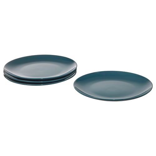 FÄRGKLAR plates in teal, made of stoneware, round with smooth edges, and a simple design.
