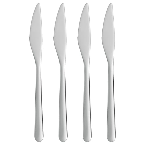 Four silver stainless steel knives, sleek and modern, arranged neatly side by side in a row. Minimalist design, ideal for table settings.