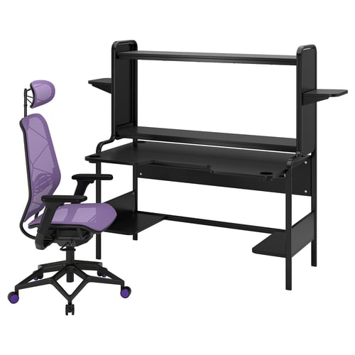 Modern black gaming desk with shelves and purple ergonomic chair.