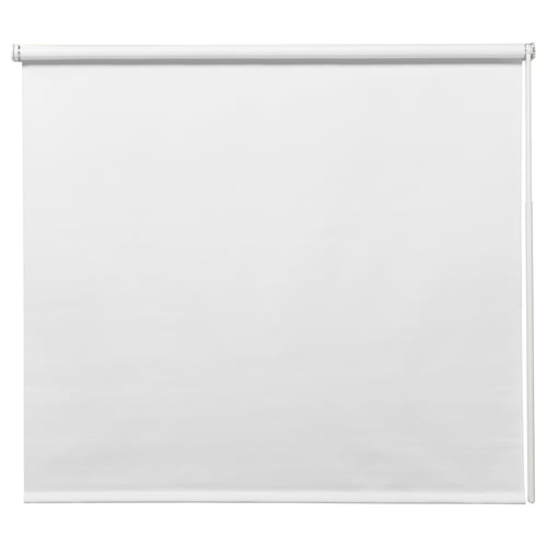 White FRIDANS blockout roller blind with cordless wand, made from recycled polyester.