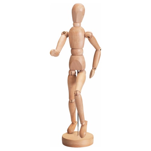 A GESTALTA wooden mannequin, natural in colour, made of solid wood with adjustable joints, standing on a round base.