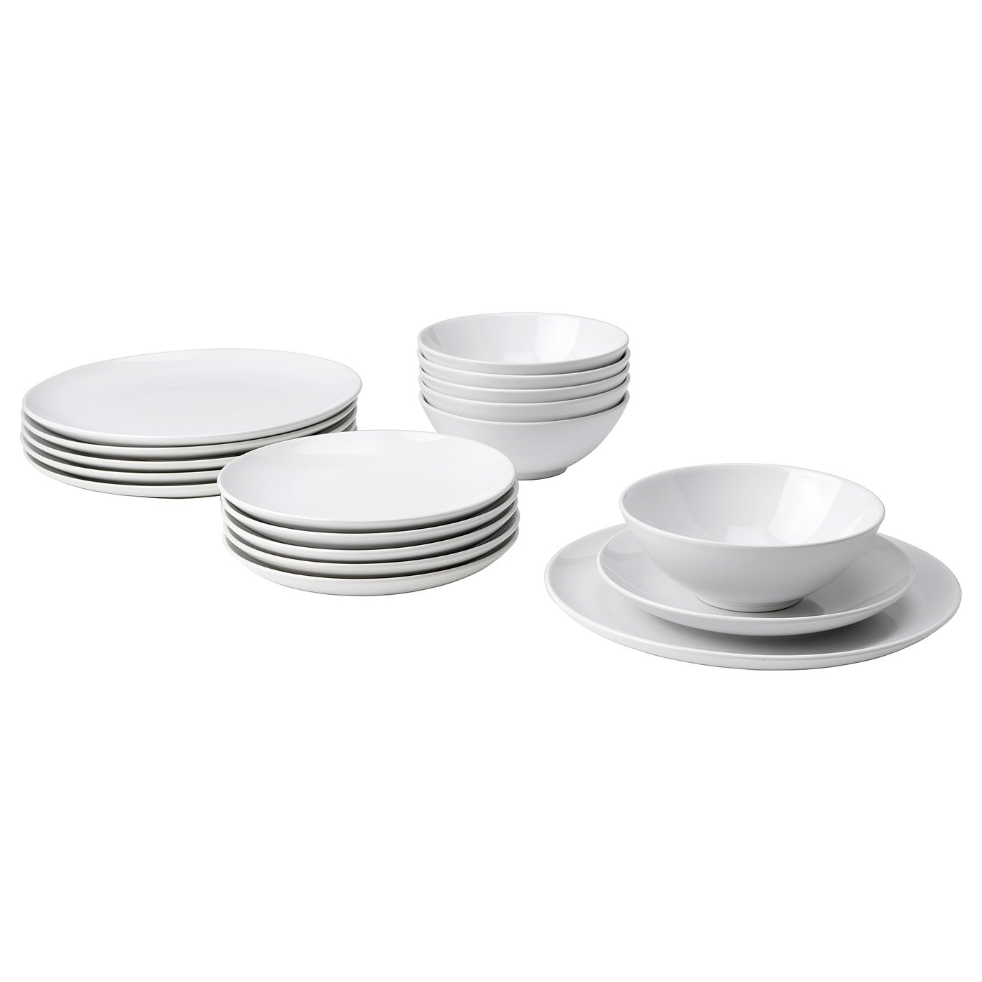 Stacks of white plates and bowls. Simple, modern design. Glazed stoneware material. Suitable for everyday use and parties.