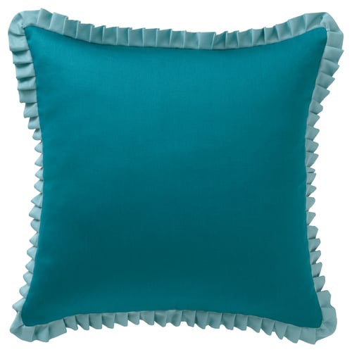 Square turquoise cushion with ruffled edges and zip closure.