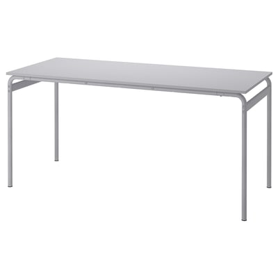 Grey metal table with melamine top, versatile for dining & working.