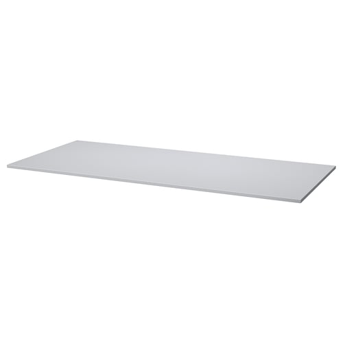 A GRÅSALA tabletop. Its light grey, rectangular, and made of particleboard with melamine foil and plastic edging.