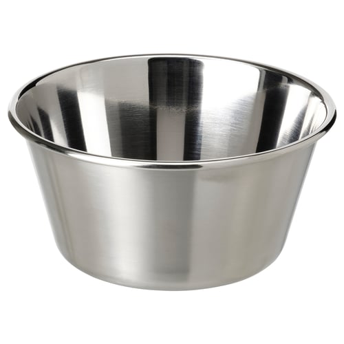 Stainless steel bowl, shiny, round, deep, durable. Ideal for outdoor use, practical design.