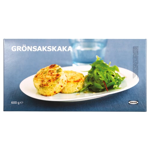 IKEAs GRÖNSAKSKAKA packaging: a plate with potato, broccoli, and greens, a 600g food item.