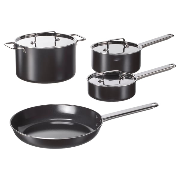 GULDÖRING 7-piece cookware set, non-stick coating stainless steel/black-grey