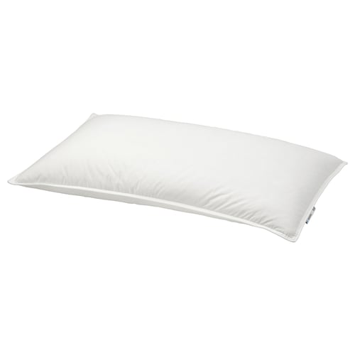 A white GULKAVLE pillow with a soft, formable shape, filled with recycled feathers and down for comfy support. Its designed for stomach sleepers.