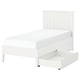 White GULLABERG bed with wooden slats, headboard, and pullout storage drawers on castors.
