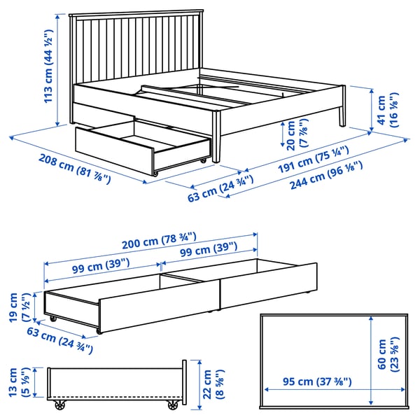GULLABERG Bed frame with 2 storage boxes, white, 180x200 cm