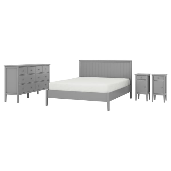 A grey 3-piece bedroom set with a bed, dresser, and nightstands. Modern design, wooden, clean lines.