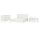 White bedroom set: bed, two nightstands, and dresser with drawers. Modern, minimalist design.