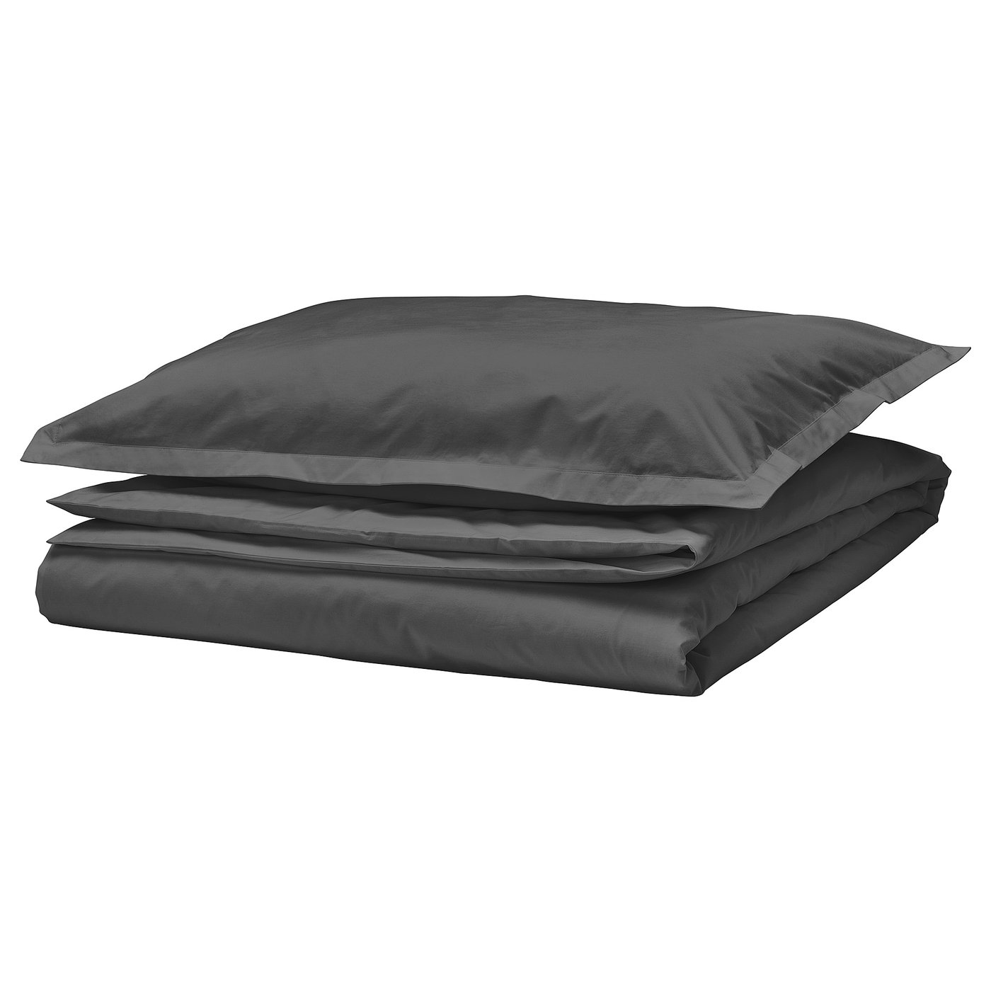 A neatly folded dark grey HAMPFLOCKEL duvet cover set with pillowcases, made of 100% cotton, featuring a crisp percale weave and envelope closure.
