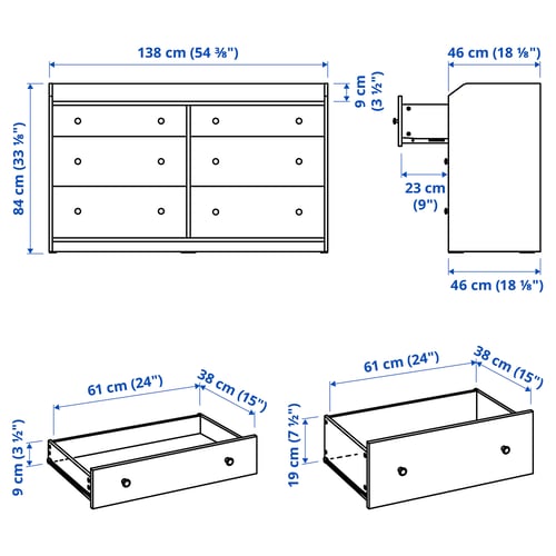 HAUGA Chest of 6 drawers, grey, 138x46x84 cm