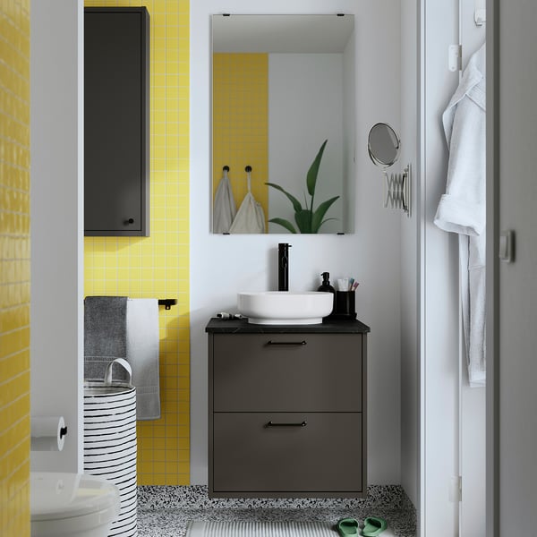 HAVBÄCK / VINDELÄLVEN Wash-stnd w drawers/wash-basin, dark grey/black marble effect, 62x49x77 cm