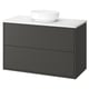 A grey HAVBÄCK bathroom cabinet with a white marble top and a round white basin.