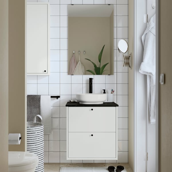 HAVBÄCK / VINDELÄLVEN Wash-stnd w drawers/wash-basin, white/black marble effect, 62x49x77 cm
