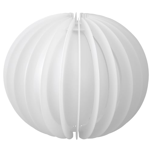 Havfjäder white lampshade, ribbed design, plastic, round shape, hangs from wire.