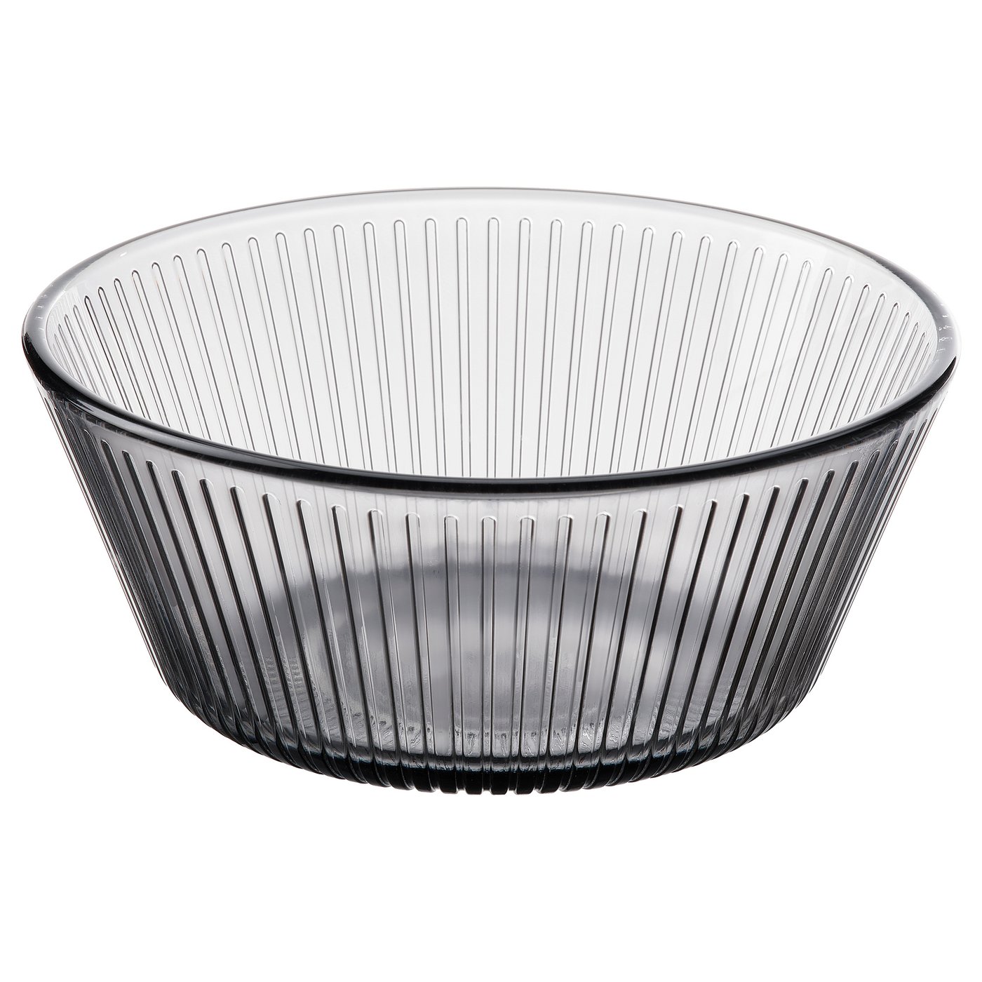 Smoked grey glass bowl, ribbed design, round, stackable, tempered for durability.