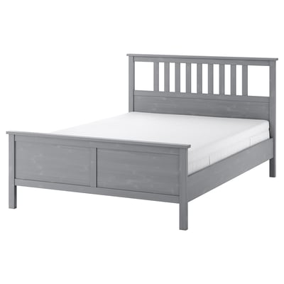 HEMNES Bed frame with mattress, grey stained/Åkrehamn firm, 180x200 cm