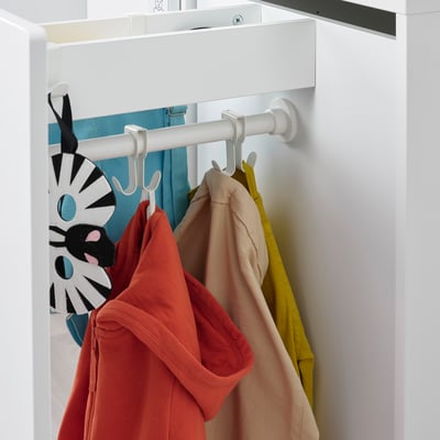 Clothes hooks on wardrobe rail, organising kids clothes.