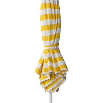Yellow and white striped parasol, folded and ready for use. Provides uv protection and easy to open/close.
