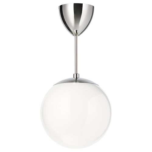 A HÖLJES downlight with a white glass globe shade and a nickel-plated steel bracket. It has a sleek, spherical shape and modern design.
