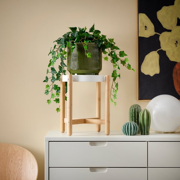 Deep green stoneware plant pot with striped pattern on wooden stand, trailing plant, cacti, and lantern against beige wall with painting.