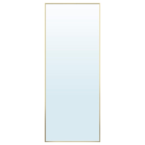 Golden-framed rectangular mirror, hangs vertically or horizontally.