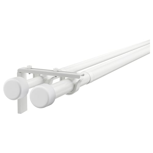 A white HUGAD curtain rod set including two extendable rods, brackets, and finials for mounting on walls or ceilings.