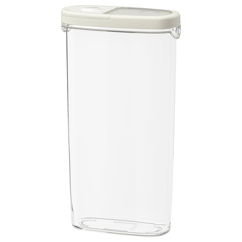 A transparent IKEA 365+ container with a white lid. Rectangular shape, suitable for storing dry foods.