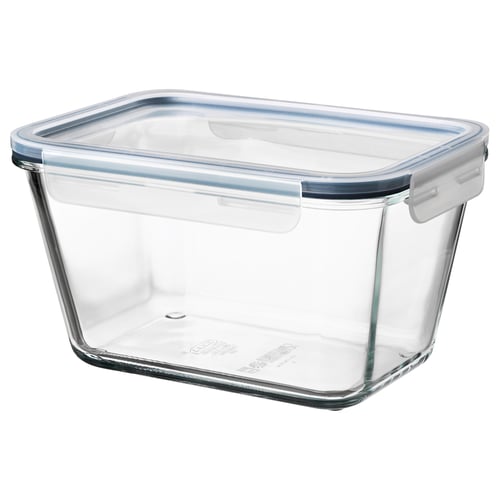 IKEA 365+ clear glass container with snap-lock lid, square shape, transparent, made of heat-resistant glass and plastic.