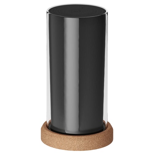 IKEA 365+ knife block: black, cylindrical, glass with cork base, vertical ridged design.