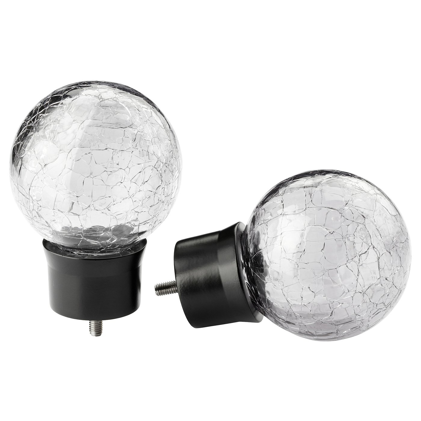Pair of crackled glass sphere finials, dark base; INSEKTSMAL.