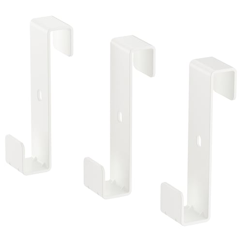 Three white IVAR hooks; simple design, ideal for hanging and organising.