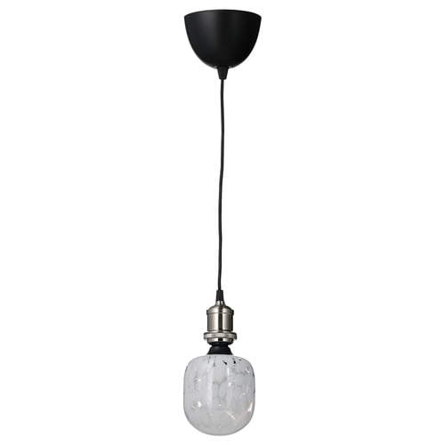 A JÄLLBY pendant lamp with a black cord, nickel-plated socket, and a white textured bulb.
