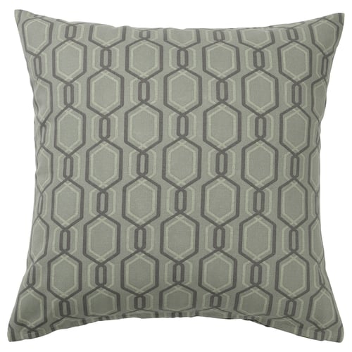 A square throw pillow, named JÄTTEPOPPEL, in grey and white with a green and grey geometric pattern, made of 100% cotton.
