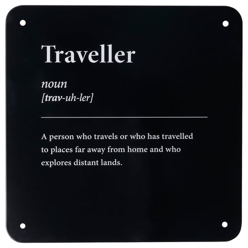 Displays a definition of traveller in white text on a black background. It provides the part of speech, pronunciation, and a brief description.