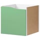 KALLAX cube shelf, light green, white top, brown side panel.