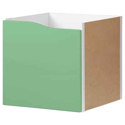 KALLAX cube shelf, light green, white top, brown side panel.