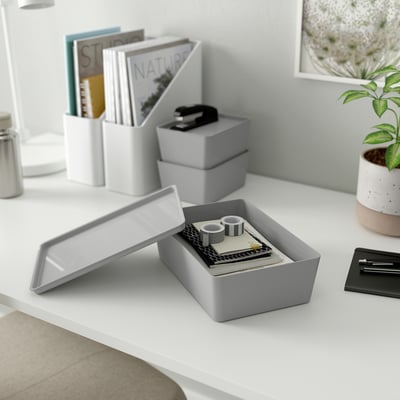 KUGGIS Box with lid, light grey, 18x26x8 cm