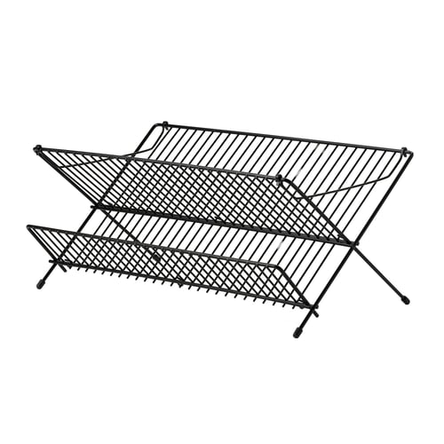 A black KVOT dish drainer, designed with two levels for drying dishes and glasses, foldable for space efficiency, crafted from steel with rubber feet.