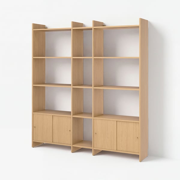 LÅDMAKARE Storage combination w sliding doors, with 11 shelves/oak effect, 198x35x212 cm