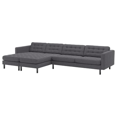 LANDSKRONA 5-seat sofa with chaise longues, Gunnared dark grey/wood/black