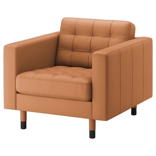 Brown leather armchair, square cushions, four wooden legs.