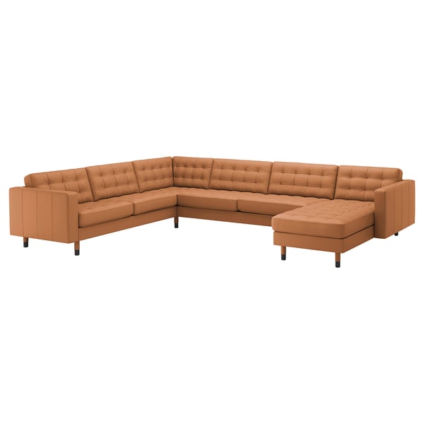 LANDSKRONA Corner sofa, 6-seat w chaise longue, Grann/Bomstad golden-brown/wood/black