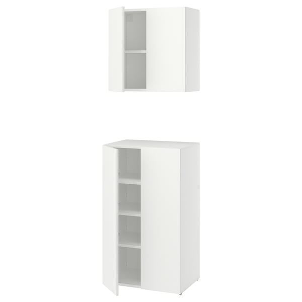 White LASTARE storage set: 1 high cabinet & 1 wall unit with doors, clean design.