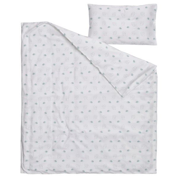 LEN Duvet cover 1 pillowcase for cot, white blue/squirrel and hedgehog pattern, 110x125/35x55 cm