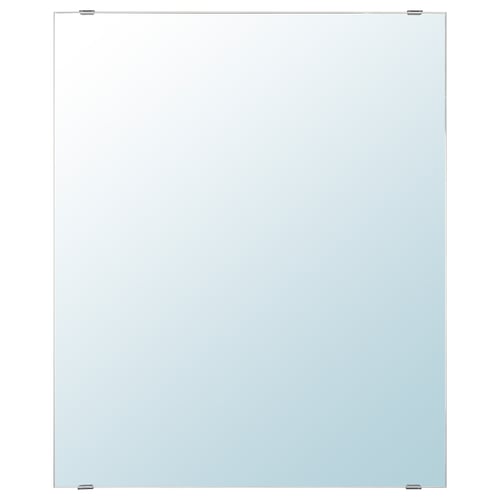 A LETTAN mirror. Its rectangular, clear, with simple metal fittings. Made of glass and plastic film, it’s versatile for bathroom use.